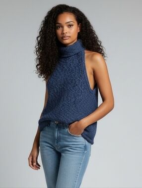 Pilcro For Anthropologie Navy Blue Knit Rollneck Sleeveless Sweater XS